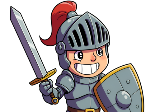 Cartoon Knight Illustration With Sword Shield And Armor Smiling Face