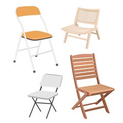 Folding chair vector set with different style. Outdoor or interior furniture. Cartoon chair in flat design isolated on white background.