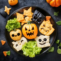 Halloween party food. Snack for kids on dark background