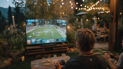Obraz premium Backyard Sports Fun: Friends Recreate Iconic Sports Moment