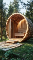 Unique Wood Barrel Structure with Door and Wooden Benches in Lush Green Nature