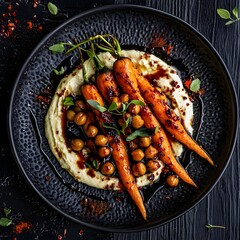 Charred roasted carrots and spiced chickpeas, a swirl of cream cheese on a black, textured plate. The balsamic vinaigrette drips. caramelized carrots and creamy cheese. The dark wooden backdrop