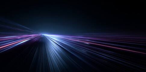 Abstract futuristic background with blue and purple light lines on a black, high-speed road, dark scene for car advertising or technology concepts.