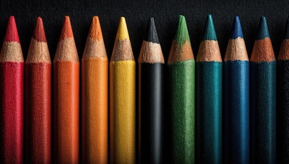 Colorful pencils in a row on black background