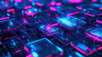 Abstract futuristic network of glowing, interconnected, translucent, square blocks in vibrant pink and blue