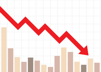 red business arrow graph falling down with barg graph in a consistent zigzag pattern, symbolizing continuous and relentless financial loss over time