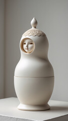 A modernist, sleek, and minimalist sculpture resembling a white nesting doll, with a finely detailed surface