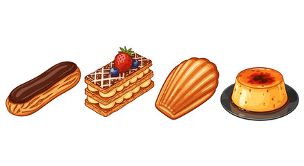 Assorted delicious pastries and desserts arranged in a row illustration