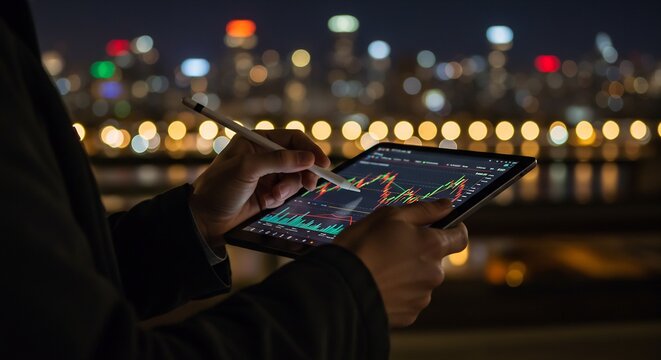 Night Cityscape Background with Person Analyzing Stock Market Data on Tablet Using Stylus Pen