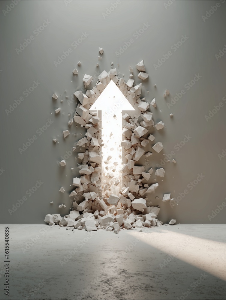 Poster breaking through: a bold, illuminating arrow pierces through a solid wall, its form defined by fragm