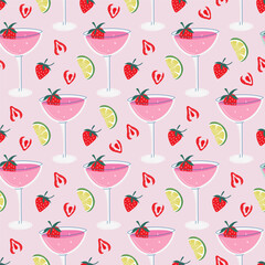 Daiquiri Cocktail seamless pattern. Colorful background with elegant glass of alcohol drink with strawberry and lime slice. Flat design hand drawn vector illustration.

