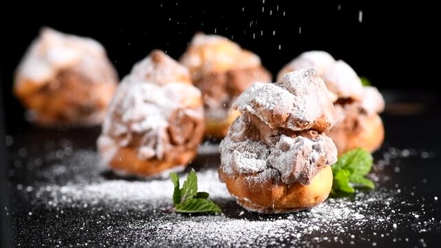 Profiteroles or cream puff with filling,  falling powder sugar topping. Berries, mint on black background. Fresh homemade Cream Puffs, cake, tasty French choux puff, ecler, dessert closeup. Pastries. 