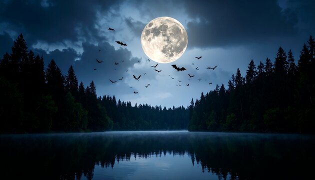 Bats Fly Across a Full Moon Over a Misty Lake at Night