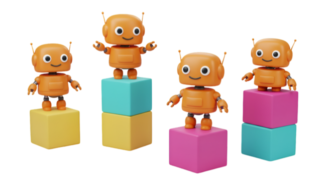 Cheerful Orange Robots Standing on Colorful Cubes in 3D Illustration