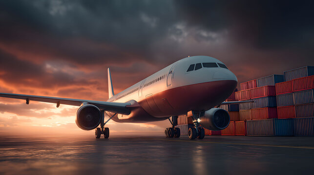 Airplane at Sunset with Cargo Containers