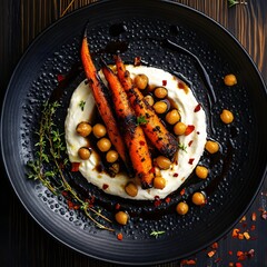 Charred roasted carrots and spiced chickpeas, a swirl of cream cheese on a black, textured plate. The balsamic vinaigrette drips. caramelized carrots and creamy cheese. The dark wooden backdrop