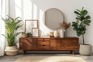 Walnut Wood Console Table with Round Mirror and Plants Near White Wall With Rug