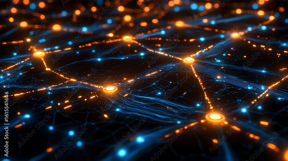 Poster abstract network graphic with glowing nodes and connections.
