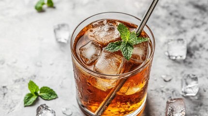 Iced tea in a glass with ice and mint