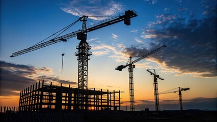 Towering cranes silhouette against a dramatic sunset sky at construction site