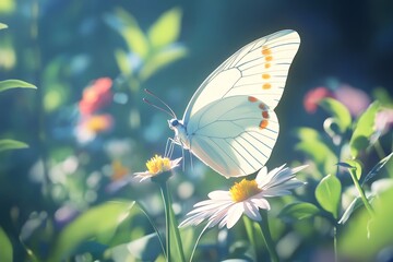 White Butterfly with Orange Spots Resting on Daisy in Floral Garden