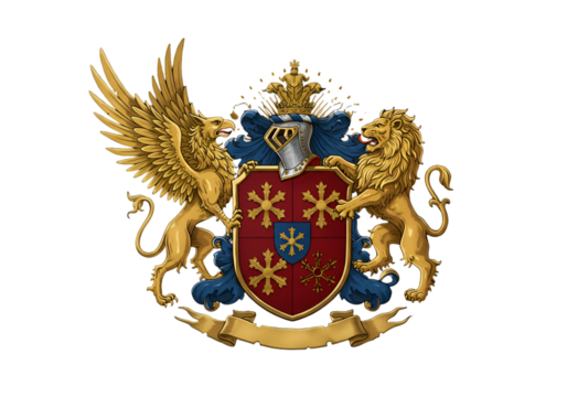Coat Of Arms Illustration with Gold Lions and Griffins on Transparent Background