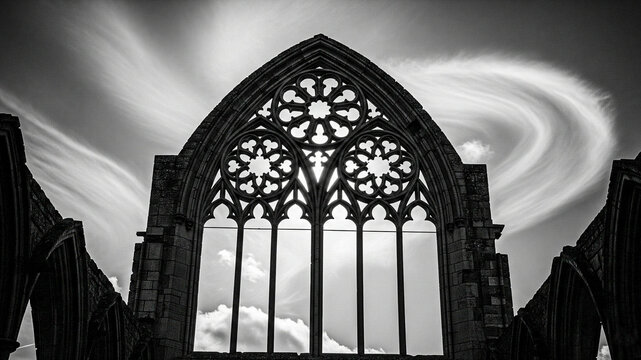Gothic Ruin Window, Dramatic Black and White, Swirling Cloudscape, Ancient Architecture, Mystical Mood.