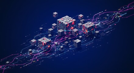 Abstract rendering of interconnected cubes with glowing elements and flowing lines against a dark blue background, symbolizing data flow and network connections.