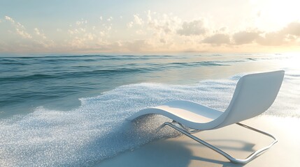 White Modern Lounge Chair at Beachside, Sunset Ocean View, Water Splashes