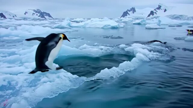 King penguins diving one by one into the cold polar ocean from an ice floe with snowy mountains in the background