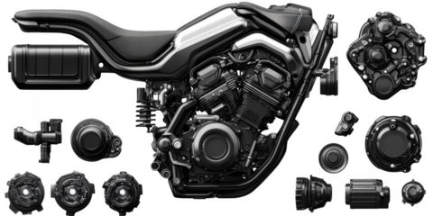 Motorcycle engine components illustration on transparent png background