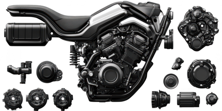 Motorcycle engine components illustration on transparent png background