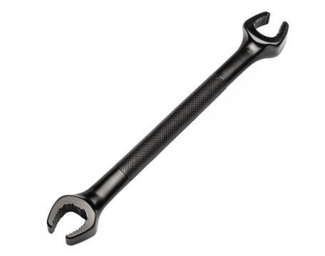 Close up view of a professional black offset wrench against a transparent background