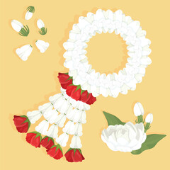 Traditional Thai jasmine garland vector with red roses and white rose. Used for Mother's Day in Thailand and respectful offerings in Thai culture.