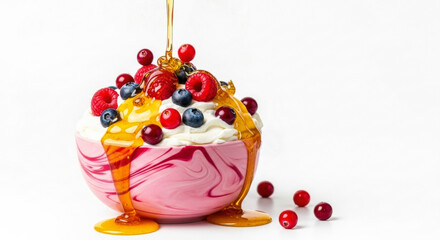Obraz premium A pink bowl filled with whipped cream and berries topped with honey on a white background studio shot