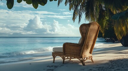 Wicker Armchair at Tropical Beach With Palm Trees, Ocean, Sand & Clouds