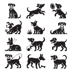 Fototapeta premium Vector art of a collection of black silhouette icons showcasing various breeds and activities of dogs and puppies