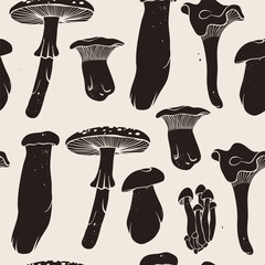 Various types of Mushrooms. Forest wild edible mushrooms. Hand drawn modern Vector illustration. Autumn mood, vegetarian, organic food concept. Square seamless Pattern, background, wallpaper