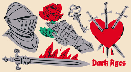 Medieval knight symbols set. Armor helmet, iron glove with rose, sword with flame, key, heart pierced by swords, tear drops. Hand drawn trendy Vector illustration. Isolated design elements