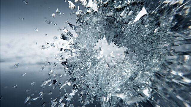 Shattered Glass:  A close-up photograph captures the dramatic moment of glass shattering, showcasing the dynamic patterns of the broken shards against a backdrop of a blurred and subdued ambiance.