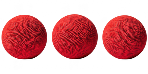 Three textured spheres, red color on transparent png background