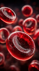 Close-up view of red blood cells floating in a dark environment, showcasing their unique shape and texture, highlighting biological processes in motion