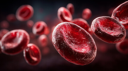 Close-up view of red blood cells floating in a dark environment, showcasing their unique shape and texture, illustrating biological processes in motion