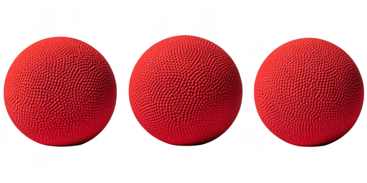 Three textured spheres, red color on transparent png background