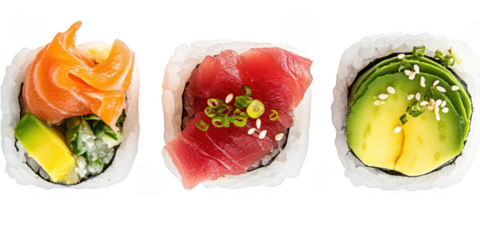Three sushi rolls close up view on transparent png background