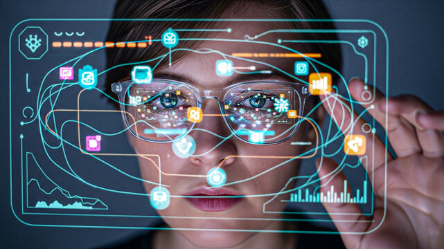 Woman wearing glasses interacts with futuristic holographic interface displaying data streams and social media icons.