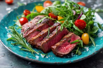 Savory grilled beef steak with fresh salad on a turquoise plate, vibrant watercolor illustration for culinary lovers and foodies