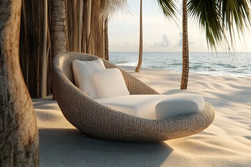 Wicker Lounge with White Cushions on Sandy Beach with Ocean View and Palm Trees