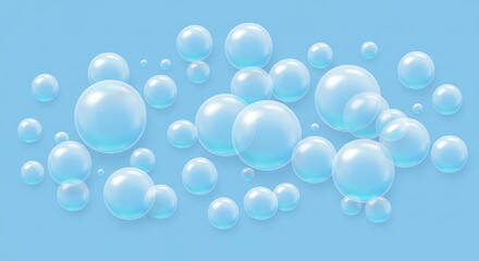 A collection of transparent, light blue spheres of varying sizes scattered across a light blue background, creating a bubbly or droplet effect.