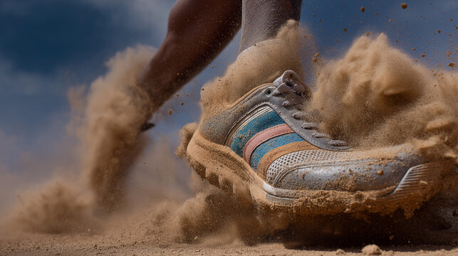 Runner's shoe kicks up dust on tight race track turn